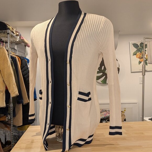 CAbi Radcliffe Cardigan Cream & Navy Gold Buttons Long Sweater - Women's sz M - Picture 2 of 7